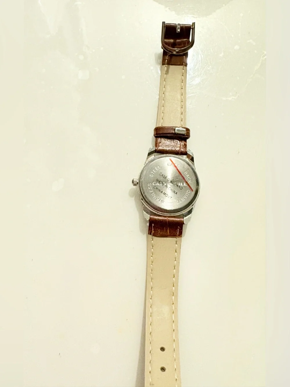 Men's Silver Case Watch with White Dial and Brown Leather Strap